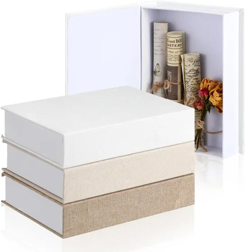 Miniatura 19 de Tioncy Caja de libros falsos de lino neutro, 3 piezas, decoración de imitación para decoración del hogar, estantes, mesa, tarjetas, fotos, regalo