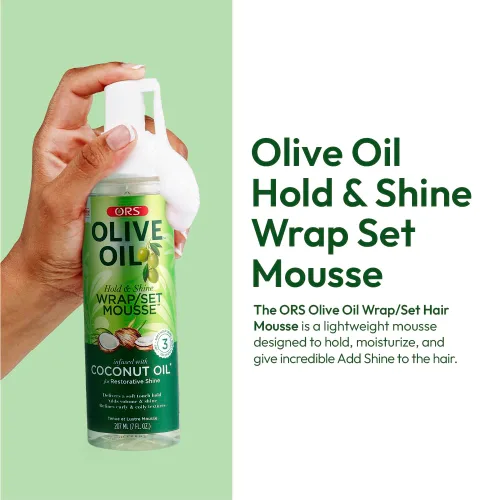 Miniatura 5 de ORS Set de envoltura de aceite de oliva Hold & Shine Mousse infundida con aceite de coco para un brillo reparador, 7 onzas