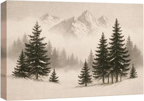 Miniatura 48 de SIGNWIN Lienzo impreso para pared, diseño de bosque y guardería, cabaña de troncos, invierno, nieve, montaña, bosque, ilustraciones de naturaleza