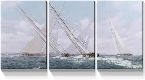 Miniatura 9 de Denozer - 3 paneles de impresiones artísticas en lienzo para pared - Barco de vela grande en pintura de paisaje oceánico Decoración moderna