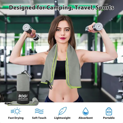 Miniatura 6 de BOGI Toalla Deportiva de Viaje de Microfibra - Secado Rápido, Suave, Ligera, Absorbente, Compacta para Acampada, Gimnasio, Yoga, Natación, Gris
