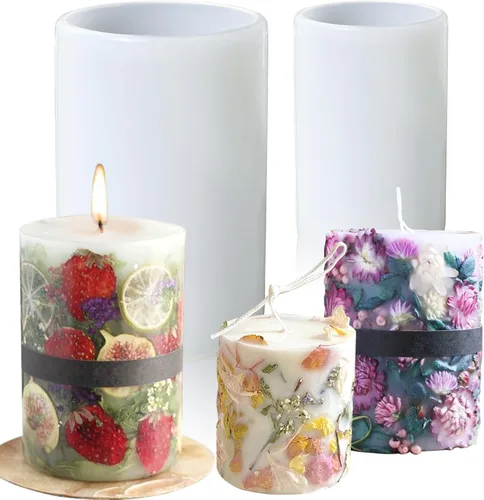 Miniatura 8 de Moldes de vela cilíndrica para hacer velas, 4 moldes de silicona de fundición de pilar para fundición de resina, jabón, espécimen de flores, Moldes