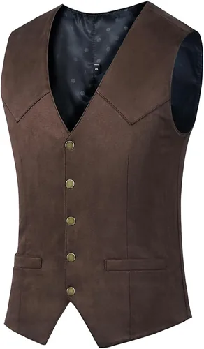 Miniatura 3 de Chaleco de piel de ante para hombre, estilo vintage, estilo vaquero, sin mangas, ajustado, para boda