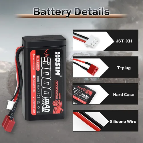 Miniatura 3 de Hosim 2 baterías Lipo RC Lipo de 7.4 V 15C 3000 mAh con 2 cargadores USB y 1 correa de batería para control remoto de coche RC sin escobillas