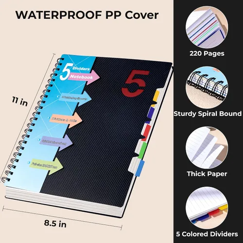 Miniatura 7 de CAGIE Cuaderno de 5 materias 8.5 x 11, cuadernos en espiral A4 con rayas universitarias, cuaderno en espiral con divisores y pestañas, 220 páginas