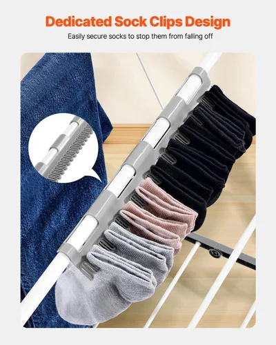 Miniatura 5 de VEVOR Estante de secado de ropa, estante plegable de 2 niveles con clips para calcetines y 21 varillas de secado, estantes de secado ajustables
