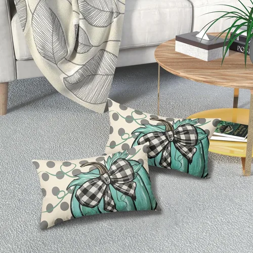 Miniatura 7 de Juego de 2 fundas de almohada lumbares de calabaza con lunares otoñales de 12 x 20 pulgadas, cosecha de otoño, Acción de Gracias, color verde