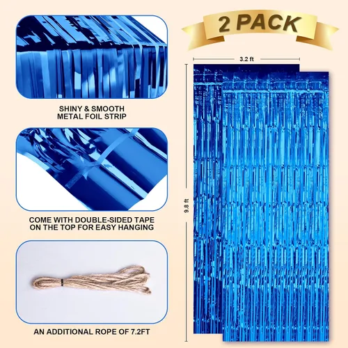 Miniatura 3 de Emart Paquete de 2 cortinas de fondo de flecos de papel de aluminio azul marino, 3.2 pies x 9.8 pies, cortina de oropel para decoración de fiestas