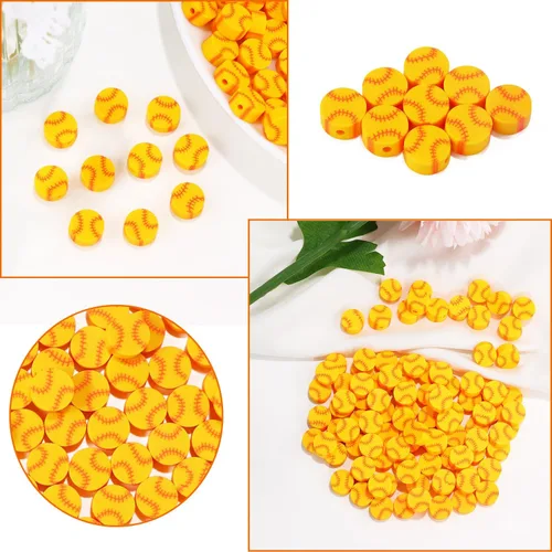 Miniatura 7 de EVERMARKET 200 cuentas amarillas de arcilla polimérica de béisbol, 0.394 pulgadas, redondas, sueltas para hacer joyas, manualidades, cuentas