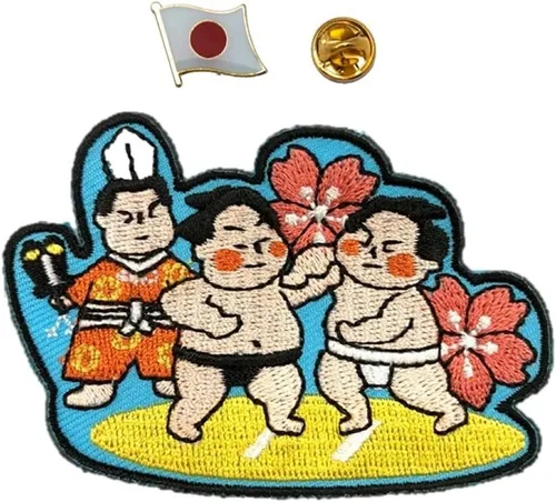 A-ONE Paquete de 2 unidades: mini parche bordado con icono de sumo + pin de solapa de bandera de Japón, recuerdo deportivo nacional, lucha de sumo,