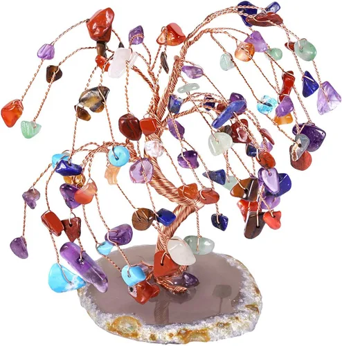 Miniatura 9 de TUMBEELLUWA Árbol de dinero de cristal curativo con rodajas de ágata, pulido de piedras preciosas pulidas, árbol bonsái, Feng Shui, decoración