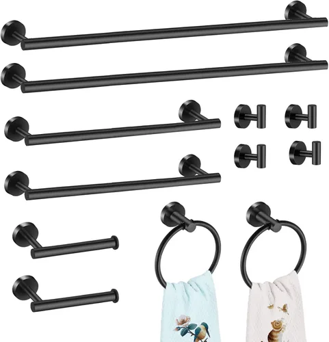 Juego de accesorios de baño de 12 piezas, juego de toallero de 24 y 16 pulgadas, negro mate, juego de accesorios de baño de acero inoxidable SUS304