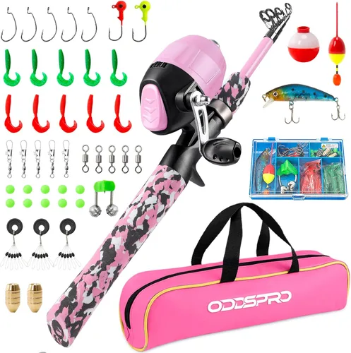 Miniatura 15 de ODDSPRO Caña de pescar para niños, color rosa, kit combinado de caña de pescar telescópica portátil y carrete - con caja de aparejos de pesca