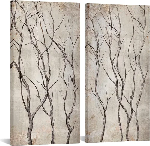 sechars Lienzo impreso con ramas de árbol rústicas, arte de pared, pintura de árbol beige, vintage, marrón, decoración de sala de estar, 20 x 40 x 2