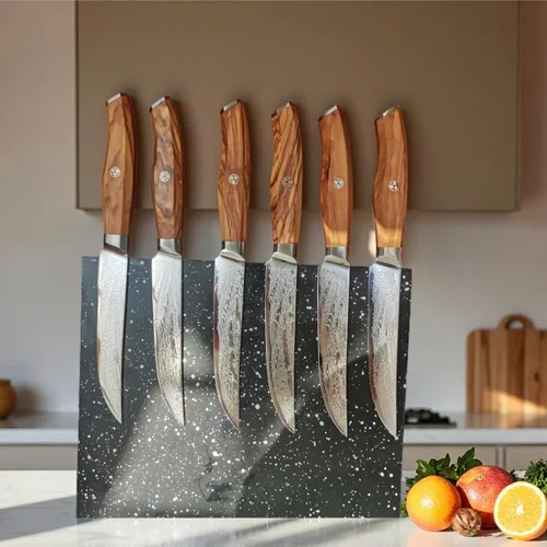 Miniatura 2 de Juego de 6 cuchillos para carne Damasco Premium no dentados con mango de madera de olivo natural, cuchillas de acero japonés de borde recto de 67