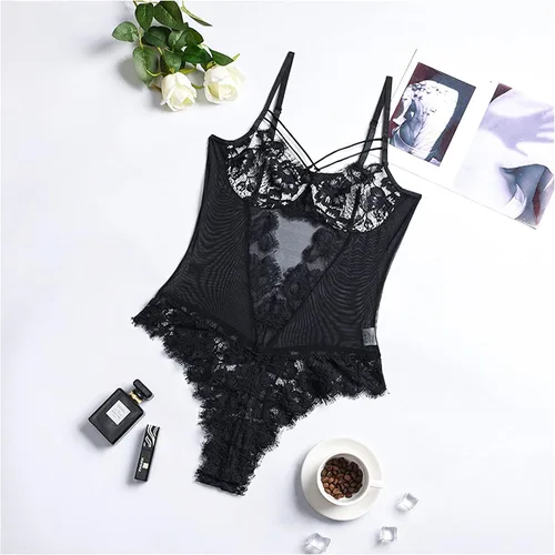 Miniatura 7 de Lencería sexy de encaje para mujer, babydoll de malla transparente, mini camisola de peluche, para juegos sexuales y traviesos