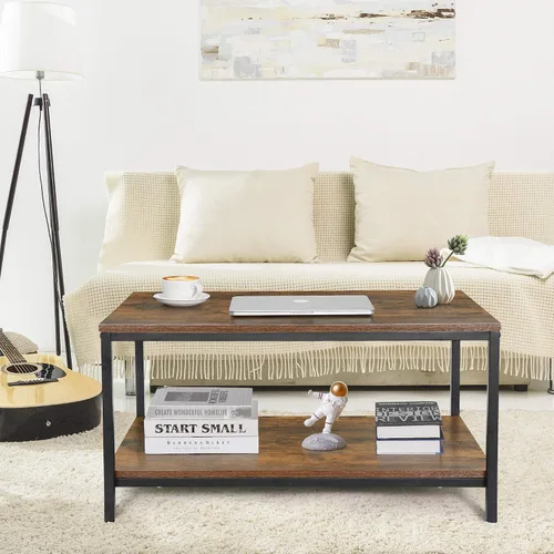 Miniatura 9 de SUPER DEAL Mesa de café industrial de 2 niveles con estante de almacenamiento para apartamento pequeño, sala de estar, mesa auxiliar rectangular