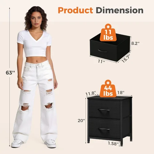 Miniatura 3 de Sweetcrispy - Mesita de noche pequeña con 2 cajones de tela, mesa auxiliar para dormitorio, para mesita de noche de 20 pulgadas de alto para Negro