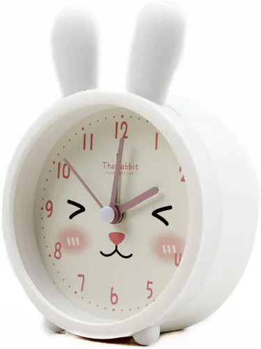 Miniatura 3 de Reloj despertador de silicona silencioso sin tictac para niños, con diseño de animal, para viajes, con luz nocturna (A- conejo blanco)