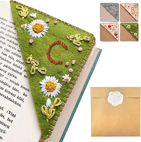 Miniatura 42 de Marcapáginas de esquina bordado a mano personalizado, 26 letras con costura a mano de fieltro, marcapáginas de esquina con bordado de flores lindo