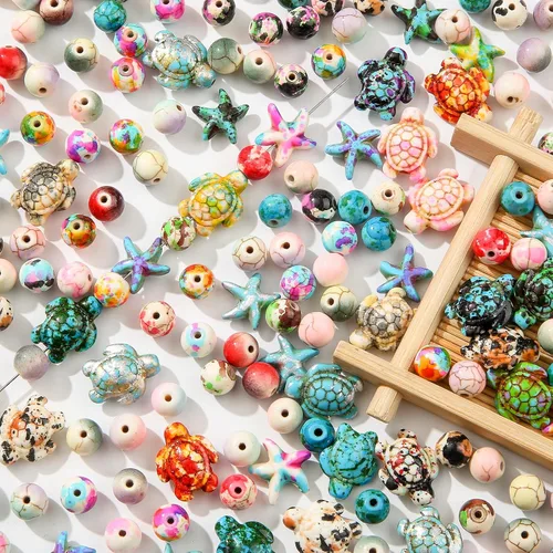 Miniatura 7 de 210 cuentas de turquesa con cuentas de tortuga marina floral, cuentas de tortuga blanca, cuentas sintéticas de estrellas de mar turquesa