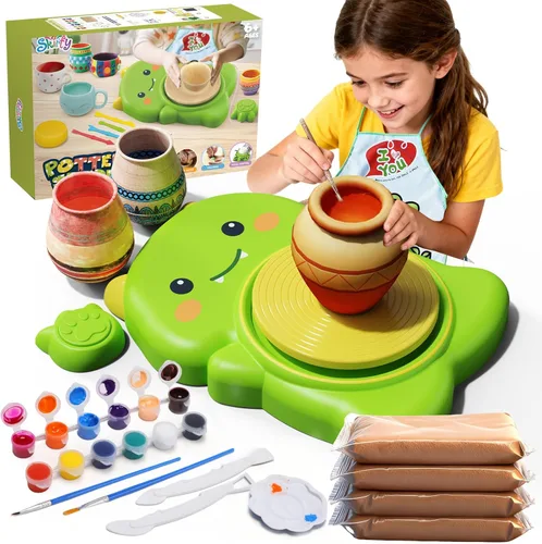 Skirfy Mini Kit de Rueda de Alfarería para Principiantes Niños, Rueda Eléctrica de Cerámica con Pedal de Pie y Kit de Pintura, Velocidad Ajustable,