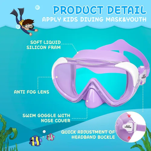 Miniatura 3 de Máscara de natación para niños, máscara de buceo de esnórquel de 180°, gafas de natación antivaho para niños con cubierta para la nariz, gafas