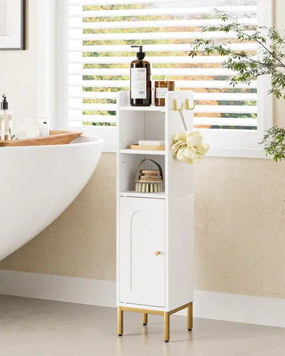 Miniatura 16 de Gabinete de Almacenamiento para Baño, Pequeño Mueble de Esquina de Piso con 2 Ganchos, Gabinete Estrecho para Papel Higiénico con Puerta de Ratán