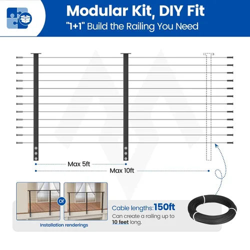 Miniatura 3 de Muzata Kit de barandilla de cable modular negro de 5 a 10 pies de 42 pulgadas, kit de poste de 2 niveles de 42 pulgadas, sistema completo