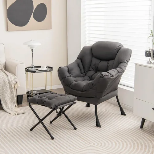 Miniatura 2 de Giantex Silla perezosa con otomana, sofá decorativo con reposapiés plegable, bolsillo de almacenamiento lateral, sillón tapizado de ocio con Gris
