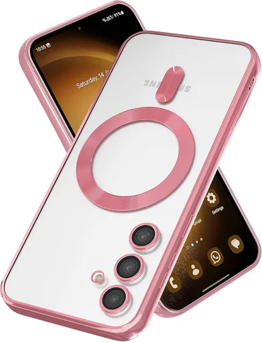 Miniatura 9 de Funda magnética para Samsung Galaxy S23, borde galvanizado, parte trasera transparente, funda protectora delgada con protección de cámara, Rosa