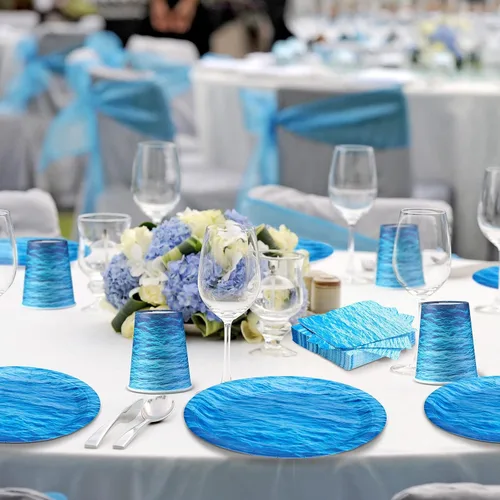 Miniatura 5 de 200 piezas de suministros para fiesta del océano, juego de vajilla con diseño de olas del océano, platos impresos, servilletas, tazas, decoraciones