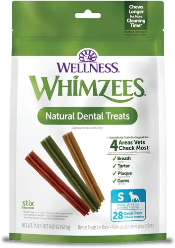 Whimzees Wellness Stix Golosinas dentales para perros, masticables naturales, barra de tamaño pequeño, (28 unidades)
