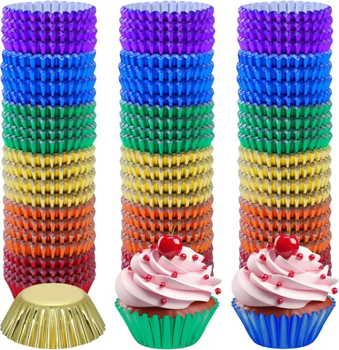 Elcoho 600 piezas de 1.25 pulgadas Mini Foil Metálico Cupcake Forros Muffin cajas de papel para hornear tazas, 6 colores