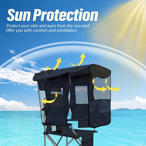 Miniatura 4 de Silla de camping BDL con toldo plegable portátil, sillas de playa con enfriador, respaldo de malla, portavasos y bolsillo para acampar, pesca, playa