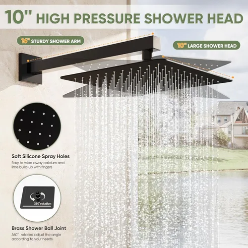 Miniatura 4 de Kurpot Sistema de ducha negro, juego de grifo de ducha montado en la pared con válvula, cabezal de ducha de lluvia de 10 pulgadas con rociador Negro