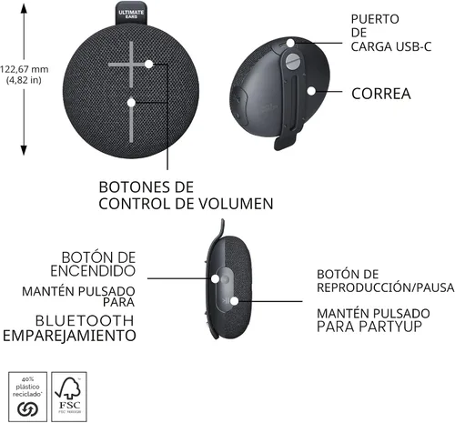 Miniatura 7 de Ultimate Ears MINIROLL Altavoz Bluetooth ultra portátil impermeable, graves grandes, IP67 a prueba de polvo, rango de 131 pies, color negro suave