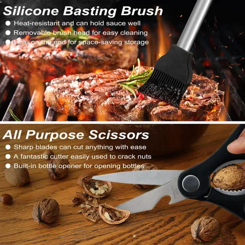 Miniatura 8 de POLIGO Juego de 29 herramientas para parrilla de barbacoa de acero inoxidable con bolsa de almacenamiento para el día del padre, regalos de Plateado