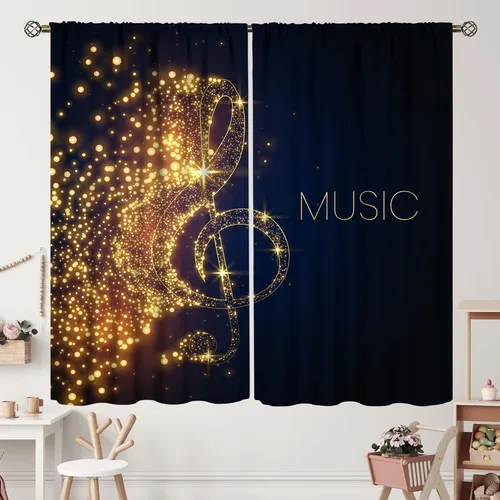 Miniatura 50 de Cortinas de notas musicales, rústicas, mágicas, notas musicales, arte retro, piano y violín, cortina con bolsillo para barra para dormitorio, sala