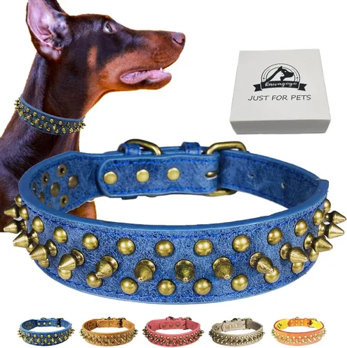 Collar de perro con tachuelas, collar de piel sintética antimordeduras para perros pequeños, medianos y grandes (azul, L)