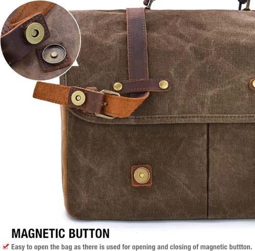Miniatura 8 de Bolso mensajero para hombre de 15.6 pulgadas, impermeable, de cuero auténtico, encerado, maletín de lona grande, bolso de hombro de cuero resistente