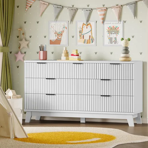 Miniatura 8 de BORNOON Cómoda de 57 pulgadas de largo para dormitorio, baúl acanalado de 7 cajones, cómoda ancha de almacenamiento de madera con rieles y asas