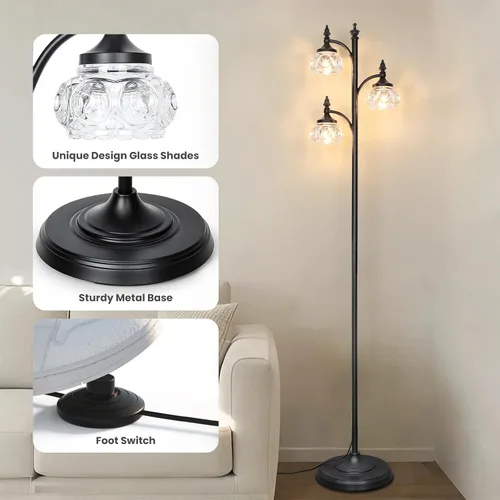 Miniatura 6 de JUNNAI Lámpara de pie negra para sala de estar, lámpara de pie alta, regulable, con 3 luces giratorias, pantalla de cristal, lámpara de esquina Negro