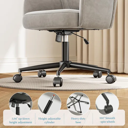 Miniatura 6 de DurayLoly Silla de tocador con ruedas y respaldo, silla de tocador de altura ajustable, sillas de escritorio cómodas para maquillaje, trabajo y Gris