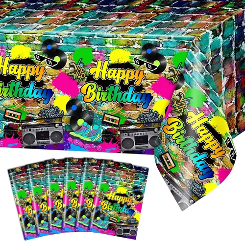 Miniatura 7 de Avezano 3 manteles de fiesta de los años 80, decoración de fiesta de cumpleaños de hip hop, cubierta de mesa desechable de plástico de los años 80
