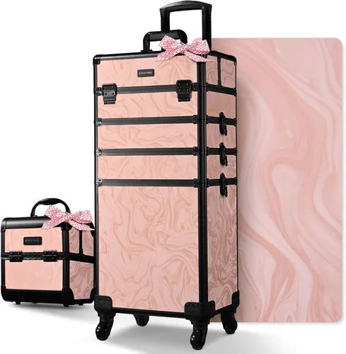 Miniatura 25 de BYOOTIQUE estuche rodante para maquillaje 4 en 1, con cerradura, maletín tipo trolley para cosméticos, con 4 ruedas extraíbles, organizador de viaje
