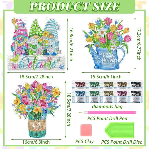 Miniatura 3 de Threehoney Kit de 3 piezas de corona de pintura de diamantes de primavera, tulipán, flor, gnomo, arte de diamante, corona colgante, adornos