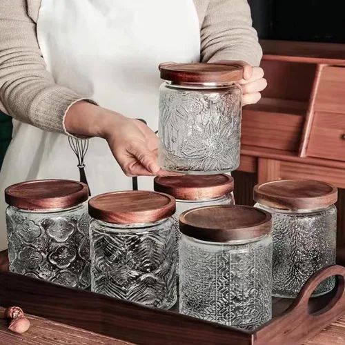 Miniatura 8 de Tarro de vidrio vintage para cocina, almacenamiento de vidrio para cocina y despensa, con tapa de madera hermética para galletas, dulces, granos