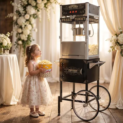 Miniatura 9 de Máquina comercial de palomitas de maíz, 20 onzas con carrito y ruedas, máquina para hacer palomitas de maíz con hervidor de acero inoxidable