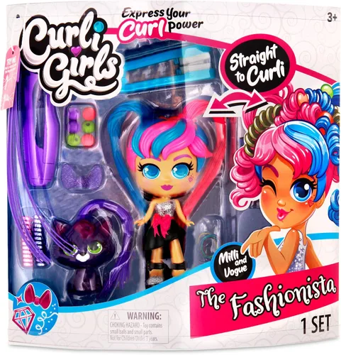 Miniatura 3 de Basic Fun CurliGirls Milli, The Fashionista & Vogue, her cat - Muñeca de peluquería de lujo con cabello MagiCurl - Estilo una y otra vez - A partir